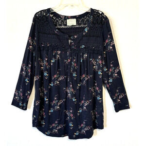 Anthropologie Maeve Navy‎ Floral Lace Detail Blouse Long Sleeve Boho Top Medium